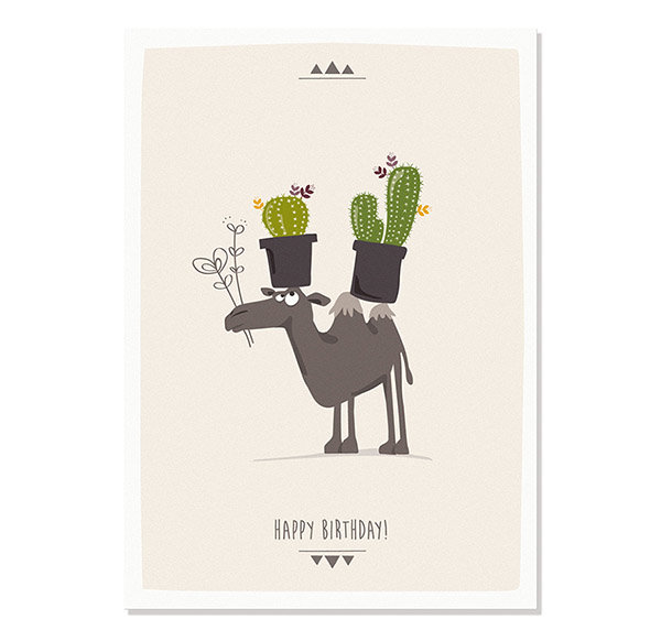 Postkarte Happy Birthday - Kamel & Kakteen