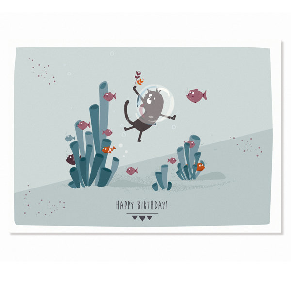 Postcard Happy Birthday - Cats & Fish
